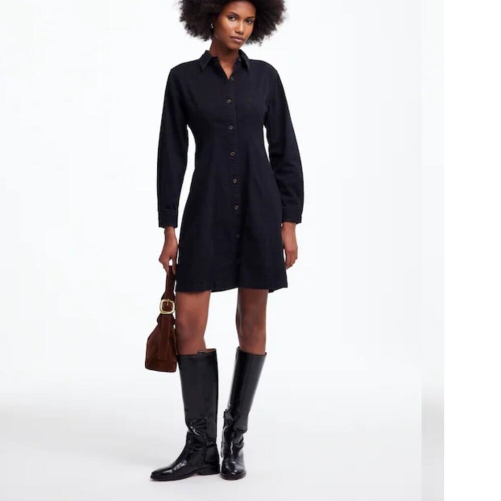 NWT Madewell Denim Seamed Mini Dress in Washed Button-Up Black 2